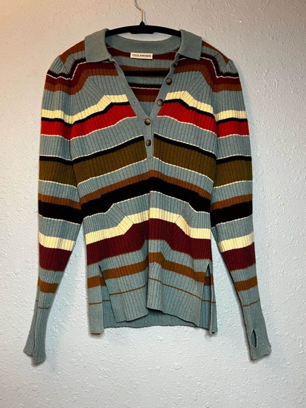 Ulla Johnson Wool Cashmere Striped Ribbed Henley Sweater Size S
